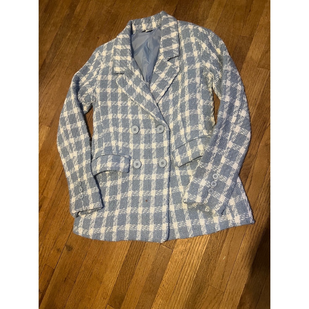 HYFVE Blue White Plaid Tweed Double Breasted Blazer Jacket Womens S Quiet Luxury - Picture 2 of 10
